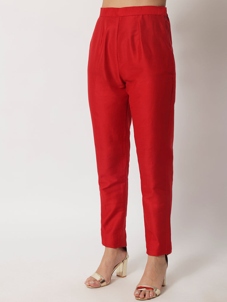 Women's Charming Red Silk Kurti With Straight Pants And Organza Dupatta