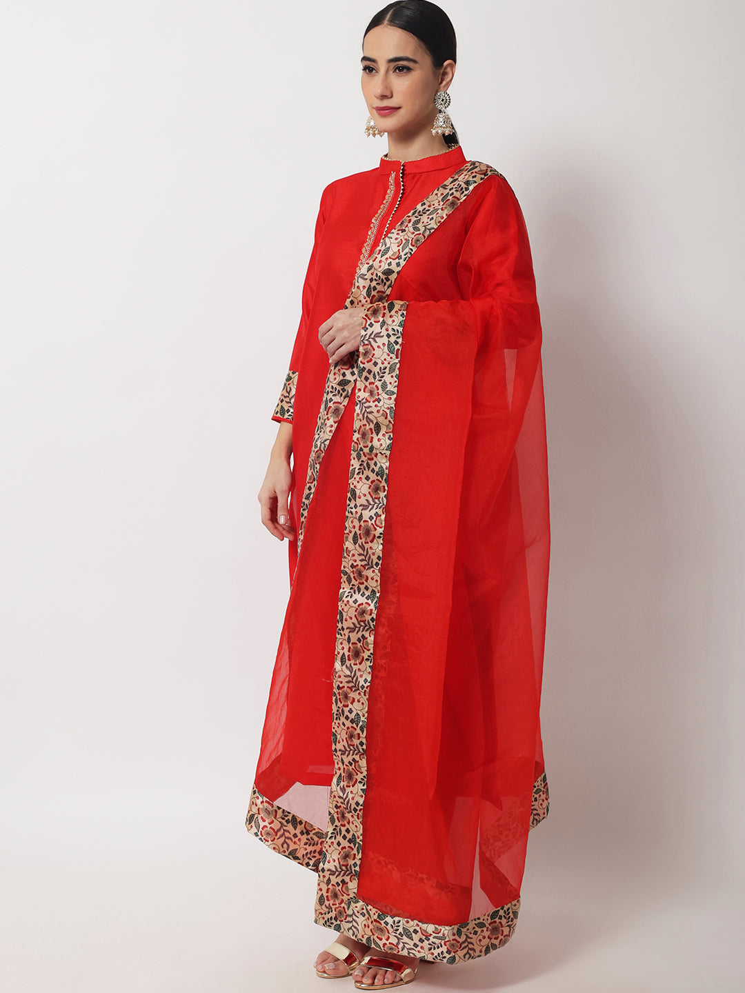 Women's Charming Red Silk Kurti With Straight Pants And Organza Dupatta - Anokherang
