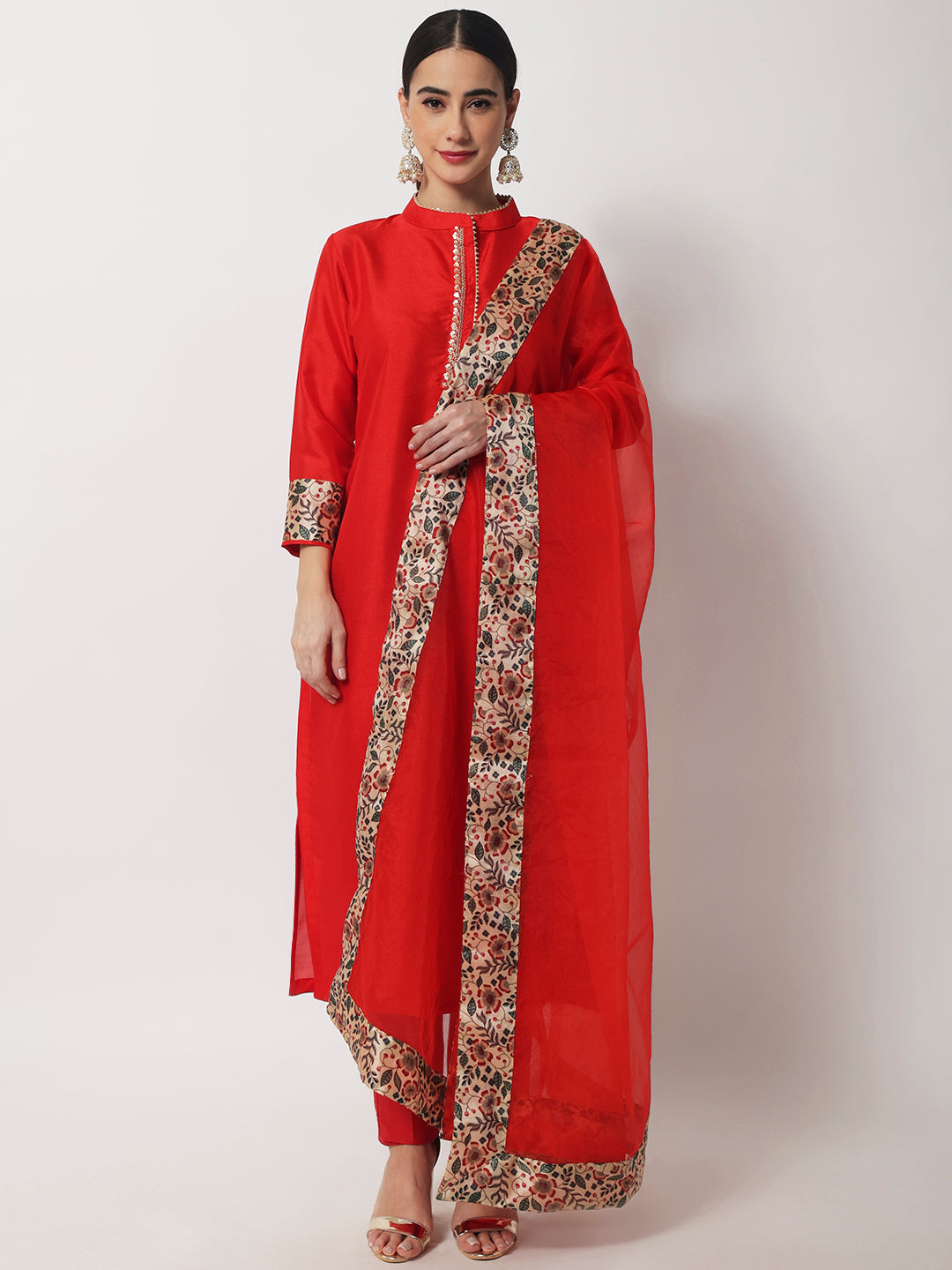 Women's Charming Red Silk Kurti With Straight Pants And Organza Dupatta