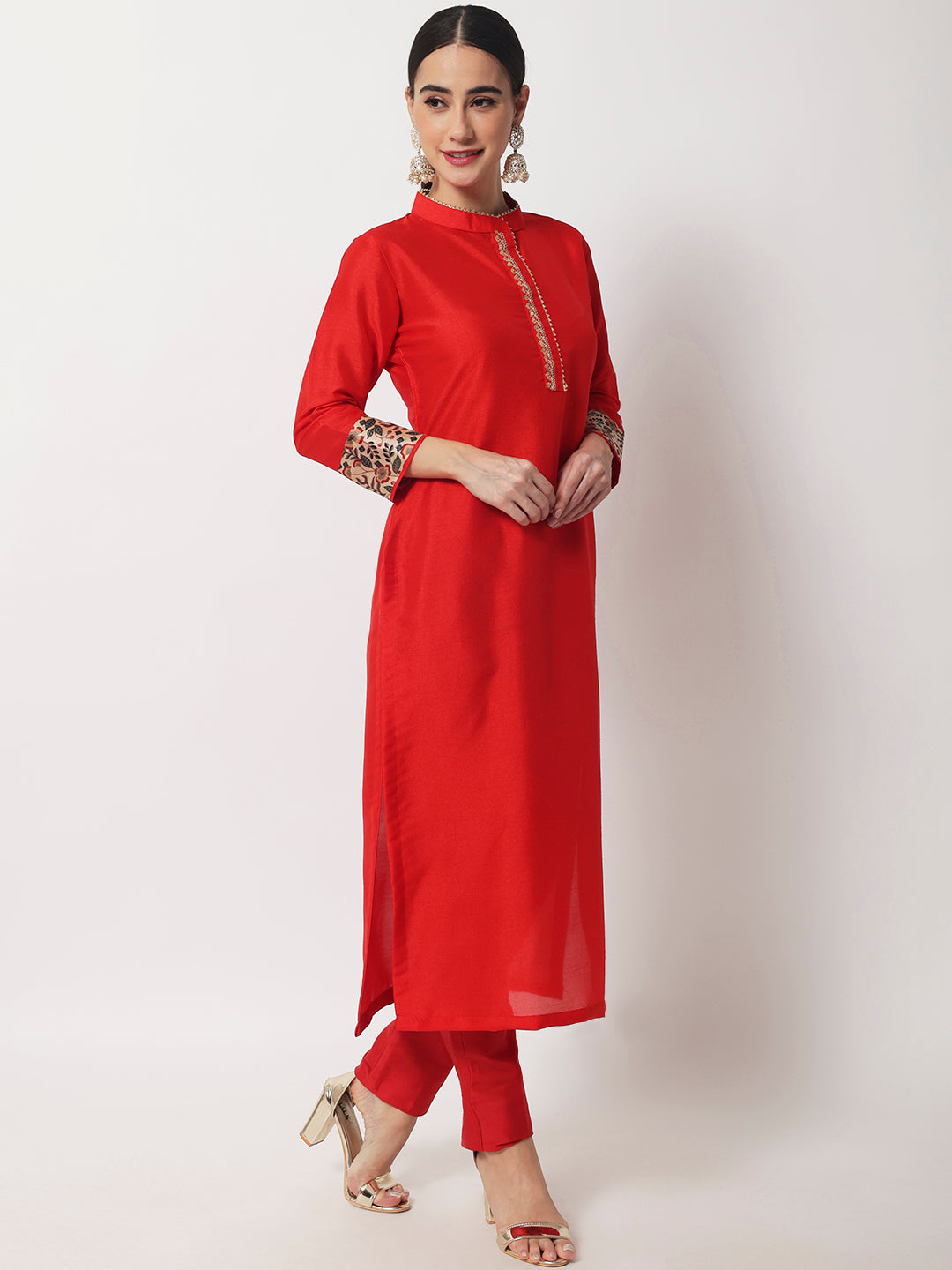 Women's Charming Red Silk Kurti With Straight Pants And Organza Dupatta - Anokherang