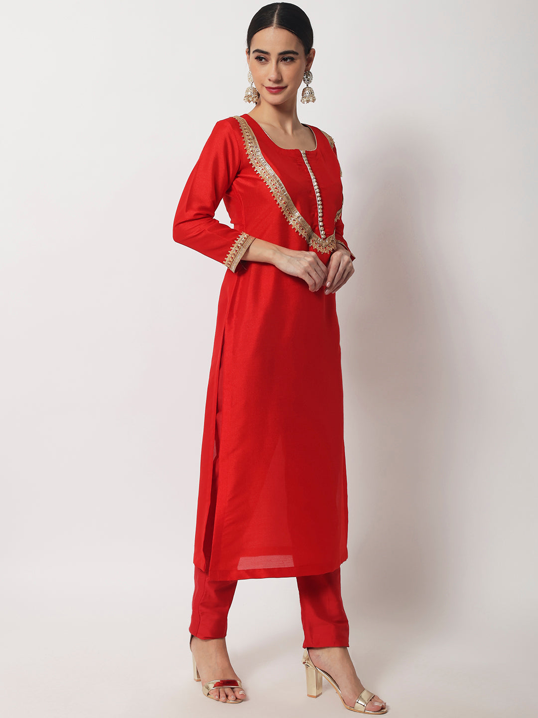 Women's Radiant Red Gota Kurti With Straight Pants And Net Dupatta - Anokherang
