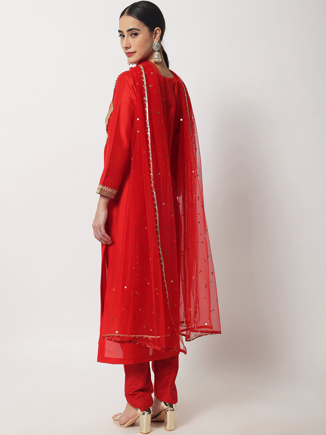 Women's Radiant Red Gota Kurti With Straight Pants And Net Dupatta - Anokherang