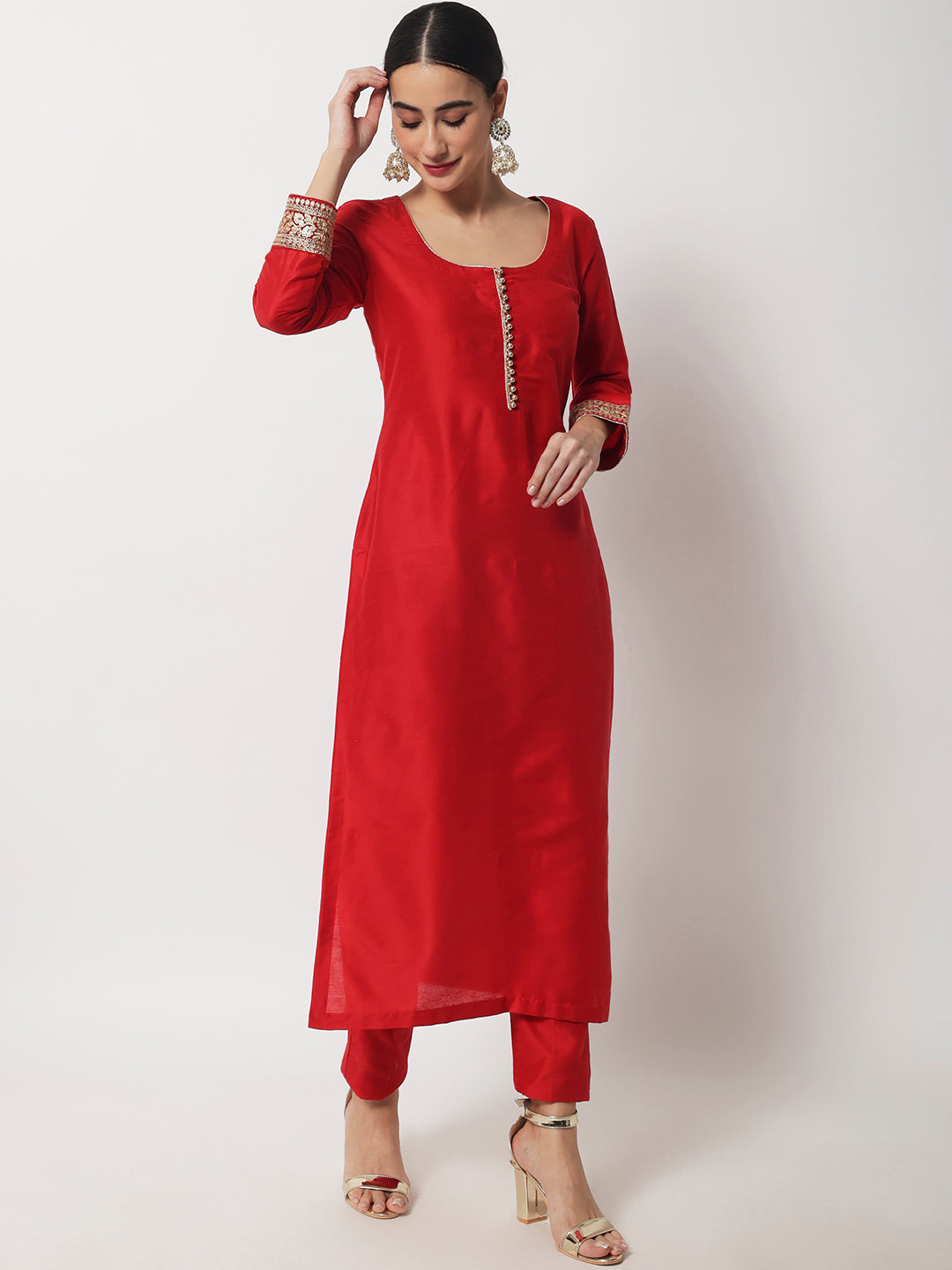 Women's Bridal Queen Red Silk Kurti with Straight Pants Red / XXL | Trendia Global Women's Bridal Queen Red Silk Kurti with Straight Pants Red / XXL | Trendia Global