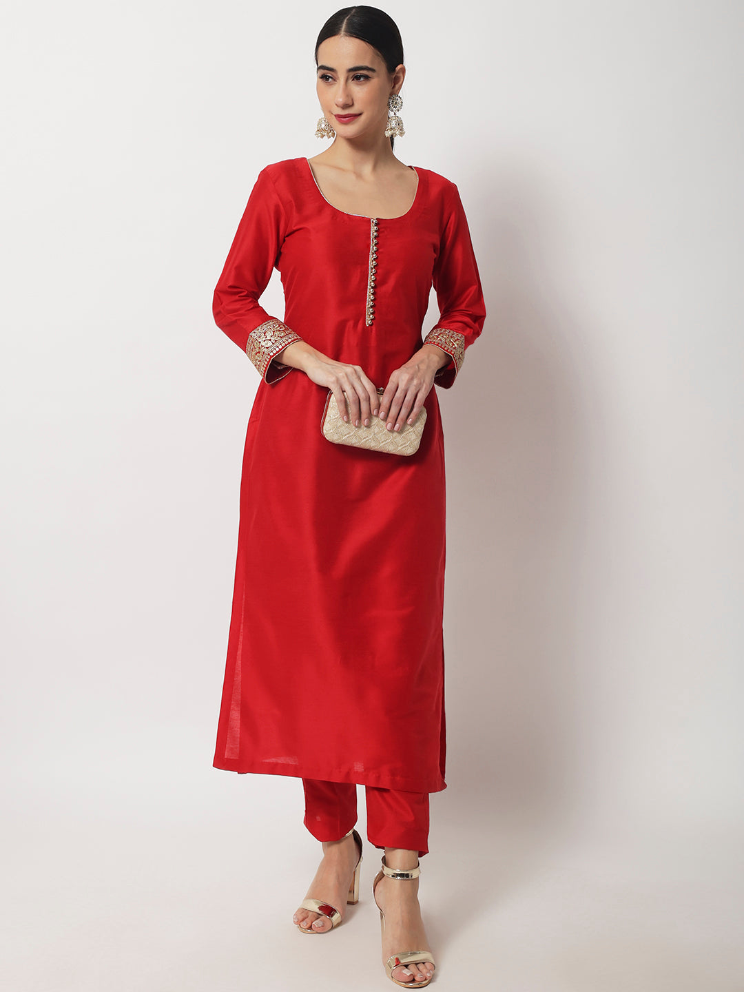 Women's Bridal Queen Red Silk Kurti With Straight Pants - Anokherang