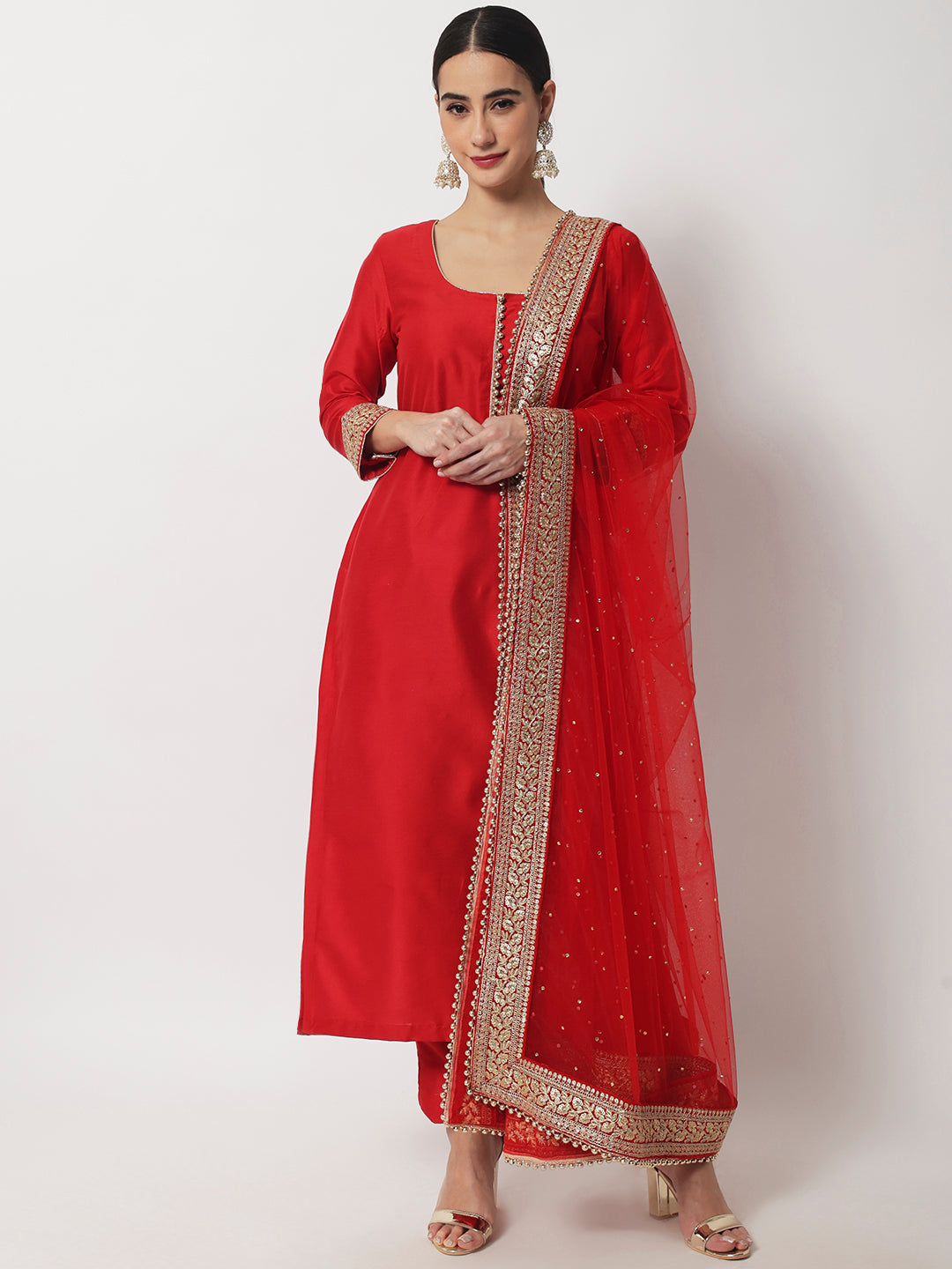 Women's Bridal Queen Red Silk Kurti With Straight Pants And Bridal Dupatta