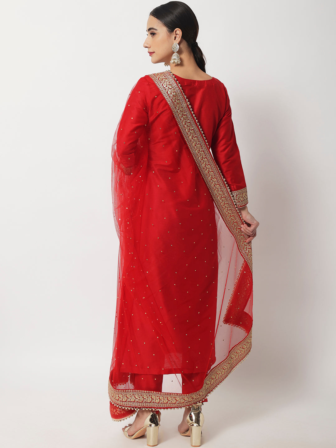 Women's Bridal Queen Red Silk Kurti With Straight Pants And Bridal Dupatta - Anokherang