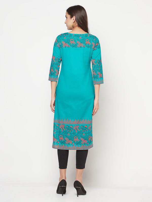 Women's Cotton Block print straight kurta,Turquoi