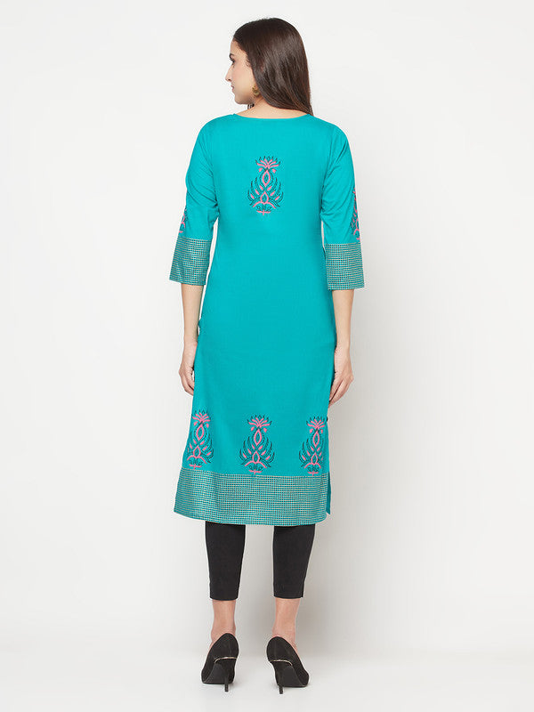 Women's Cotton Block print straight kurta,Turquoi