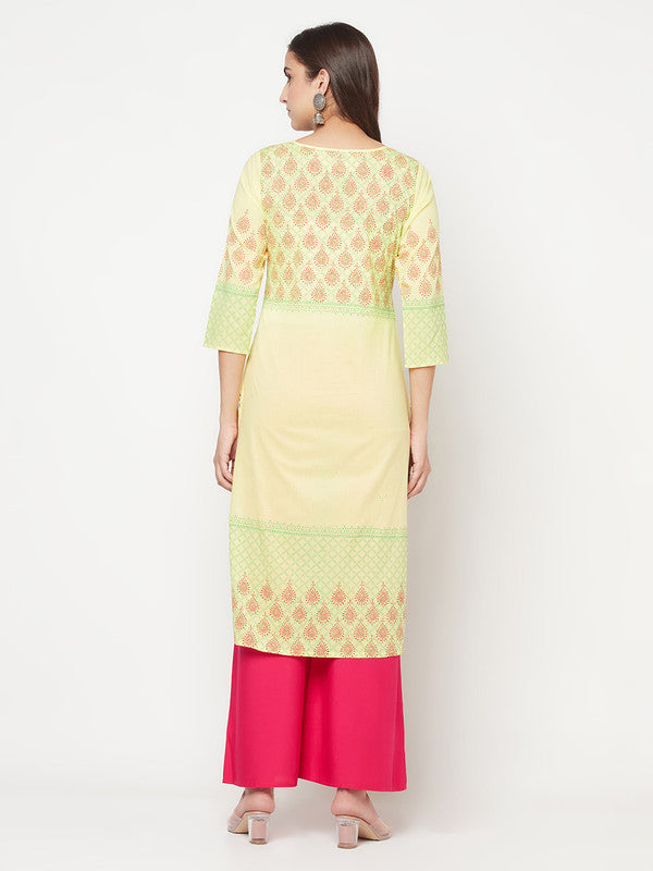 Women's Cotton Block print straight kurta,Lemon-Aniyah