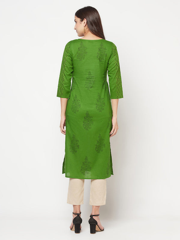 Women's Cotton Block print straight kurta,Gre