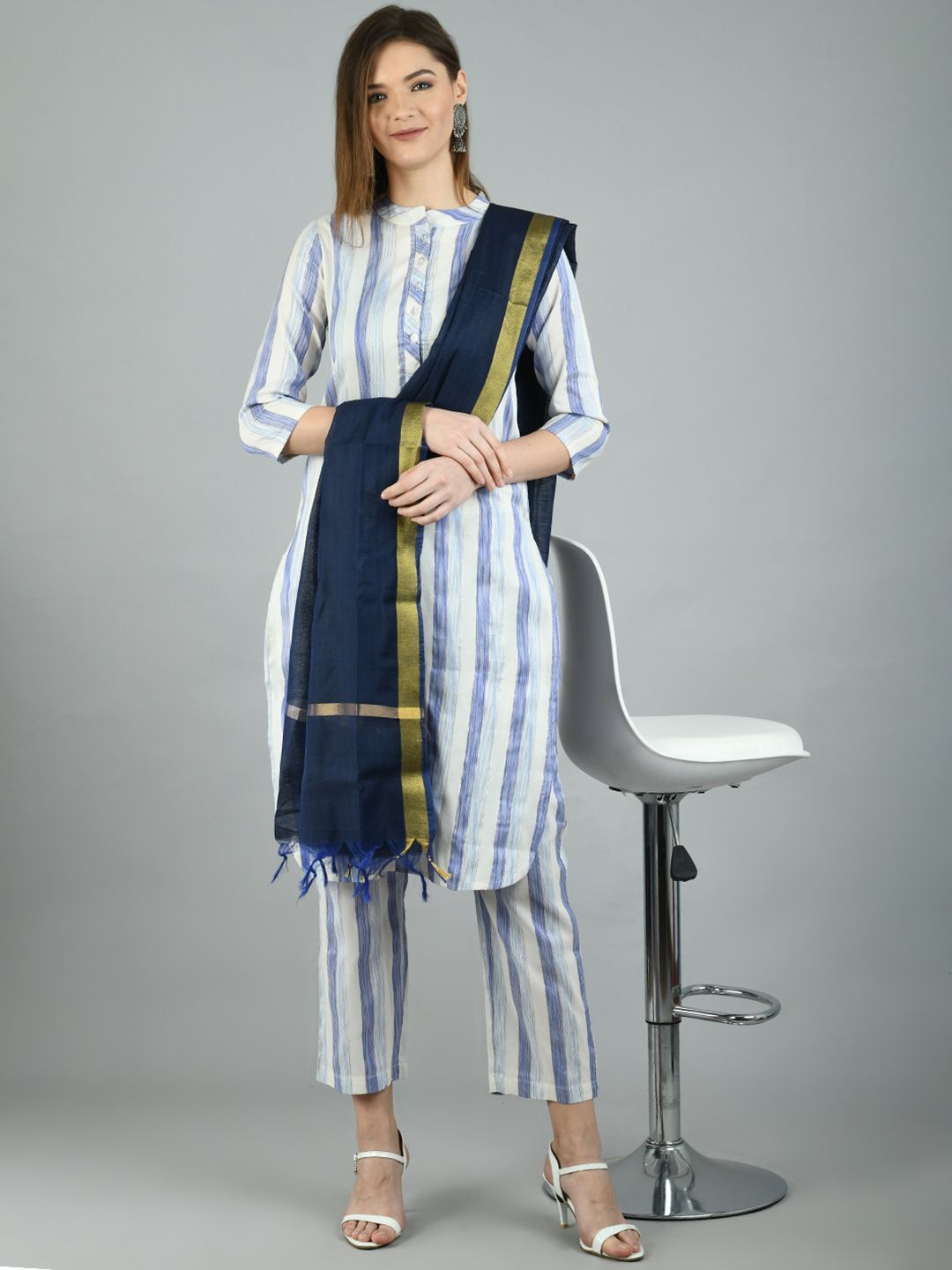 Women's White::Blue Cotton Printed 3/4 Sleeve Mandarin Neck Casual Kurta Pant Dupatta Set - Myshka