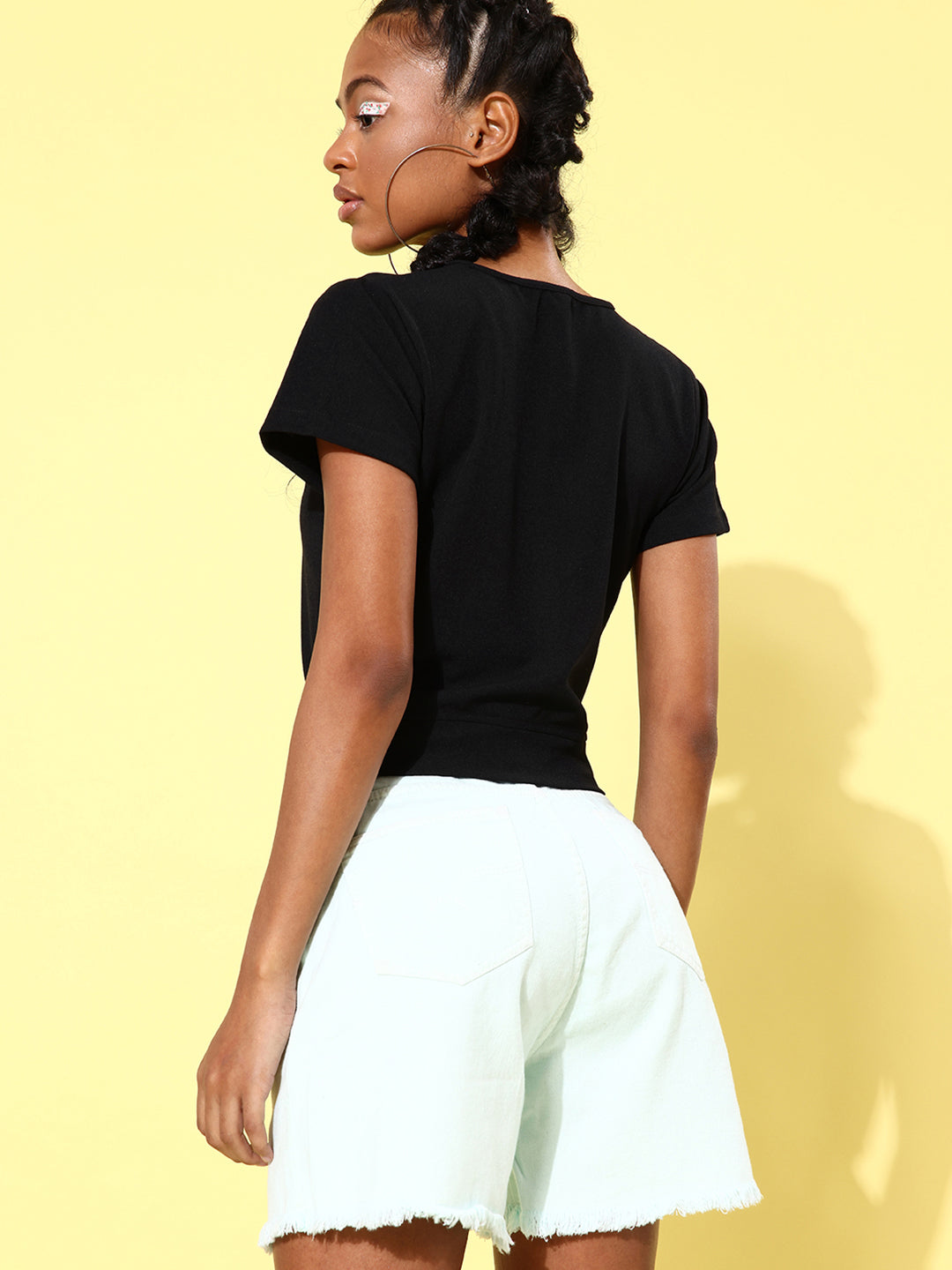 Women's Short Sleeve Belly Cut Out Crop Top- Black - StyleStone