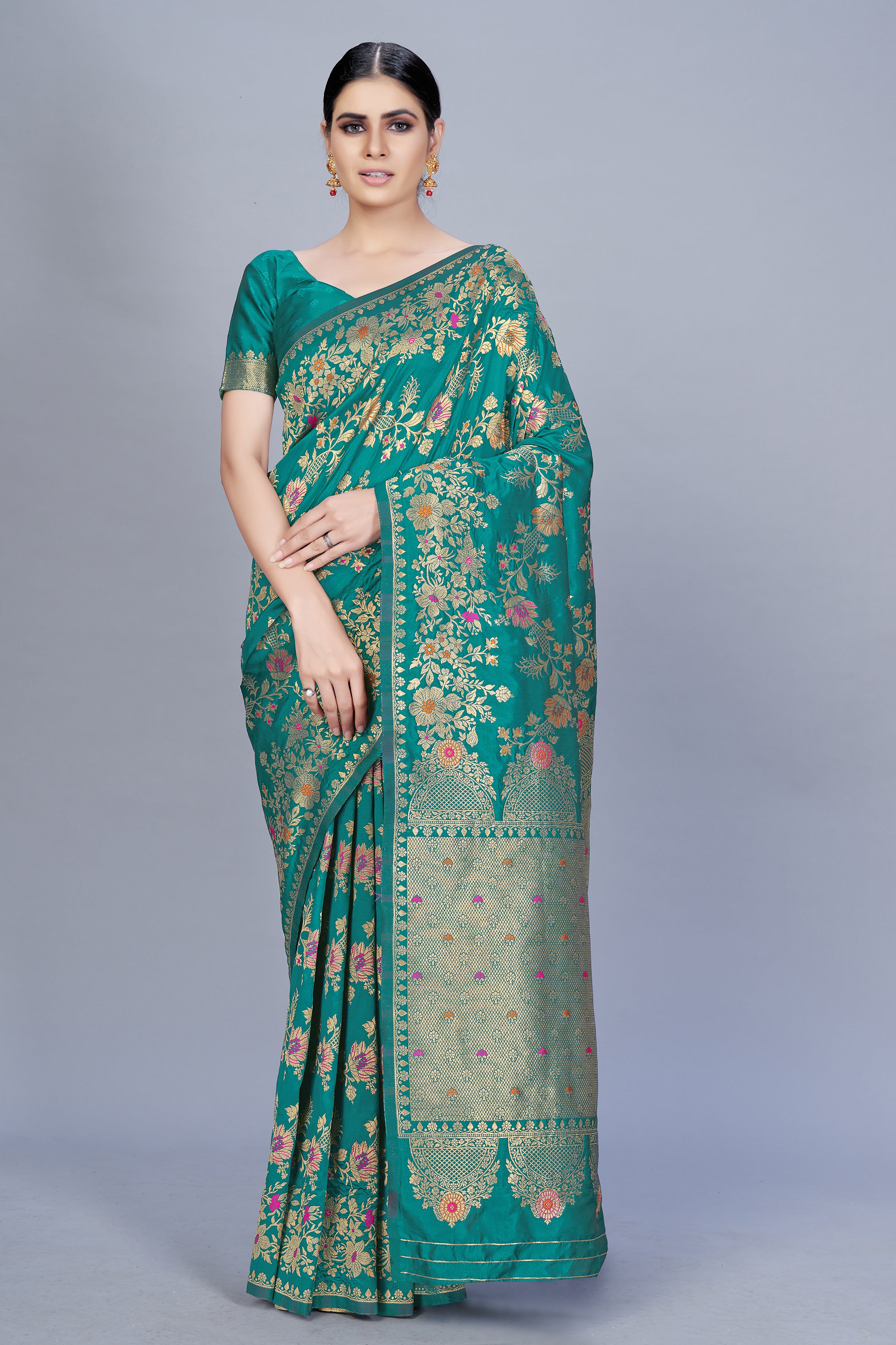 Women's Teal Color Banarasi silk Woven Saree - Monjolika