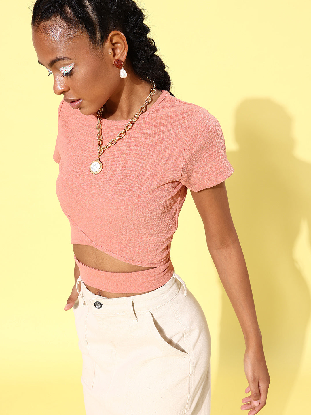 Women's Short Sleeve Belly Cut Out Crop Top- Pink - StyleStone