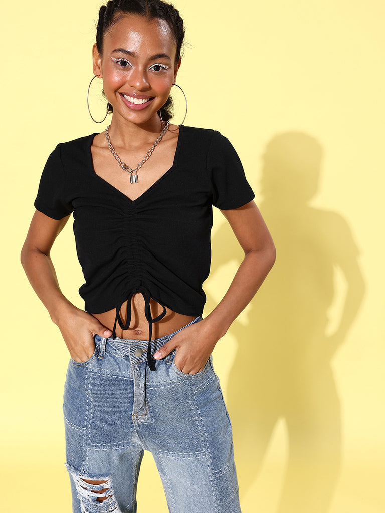 Women's Drawstring Crop Top- Black