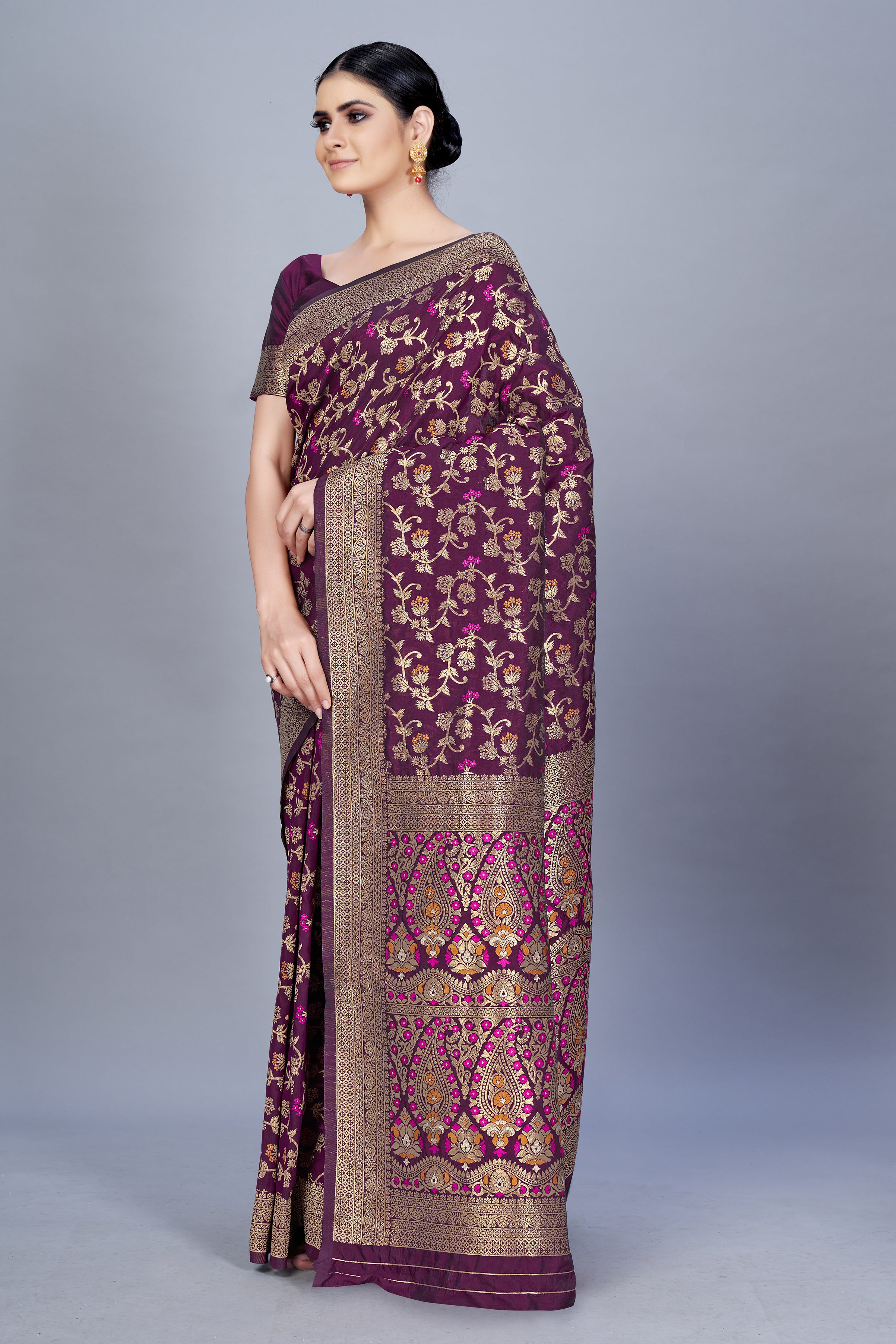 Women's Wine Color Banarasi silk Woven Saree - Monjolika