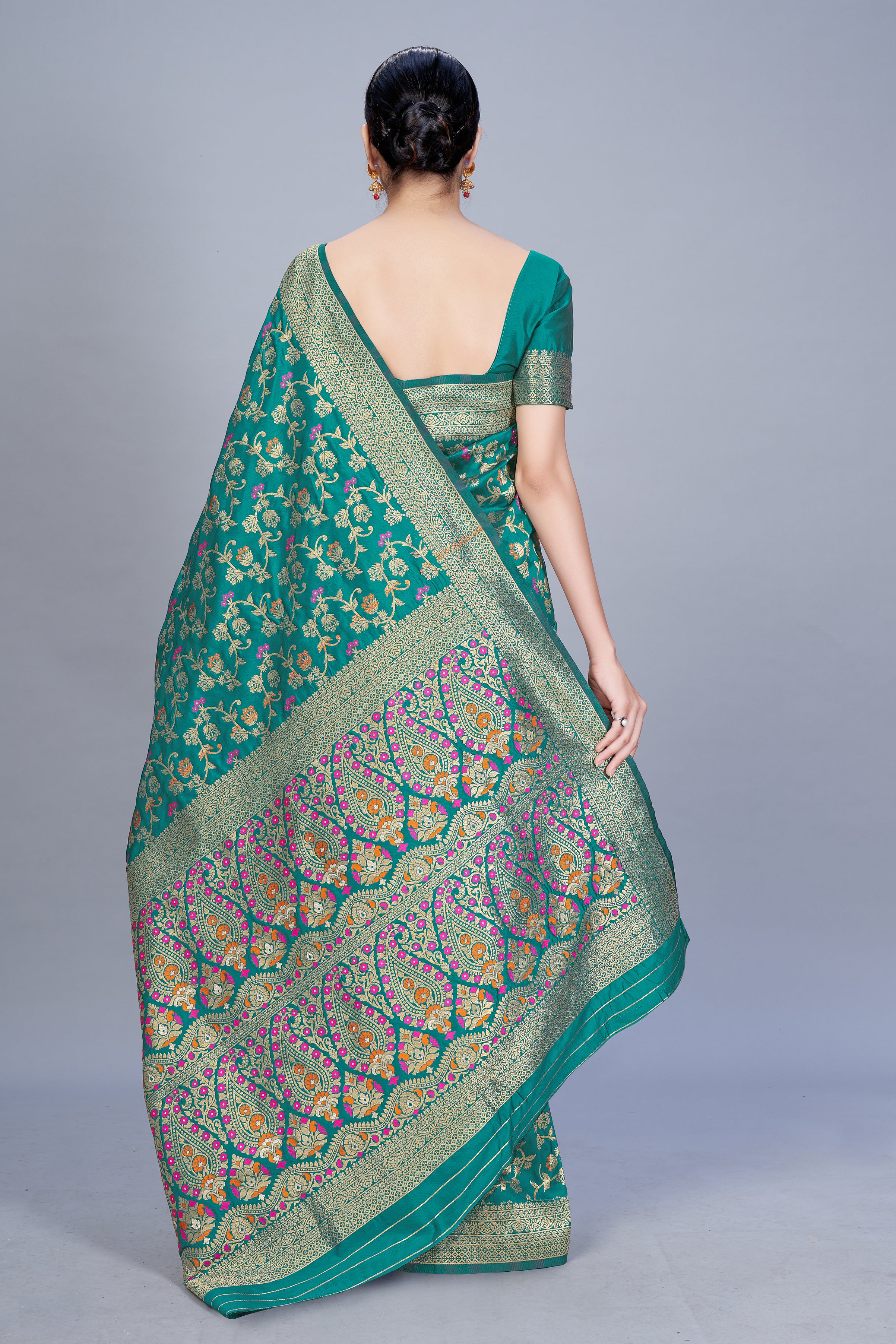 Women's Turquoise Color Banarasi silk Woven Saree - Monjolika