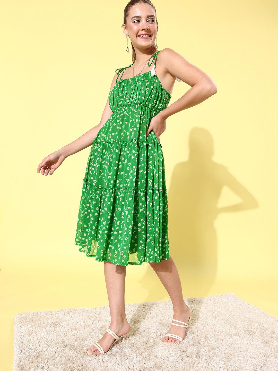 Women's Floral Tier Midi Dress with String Tie Ups- Green - StyleStone