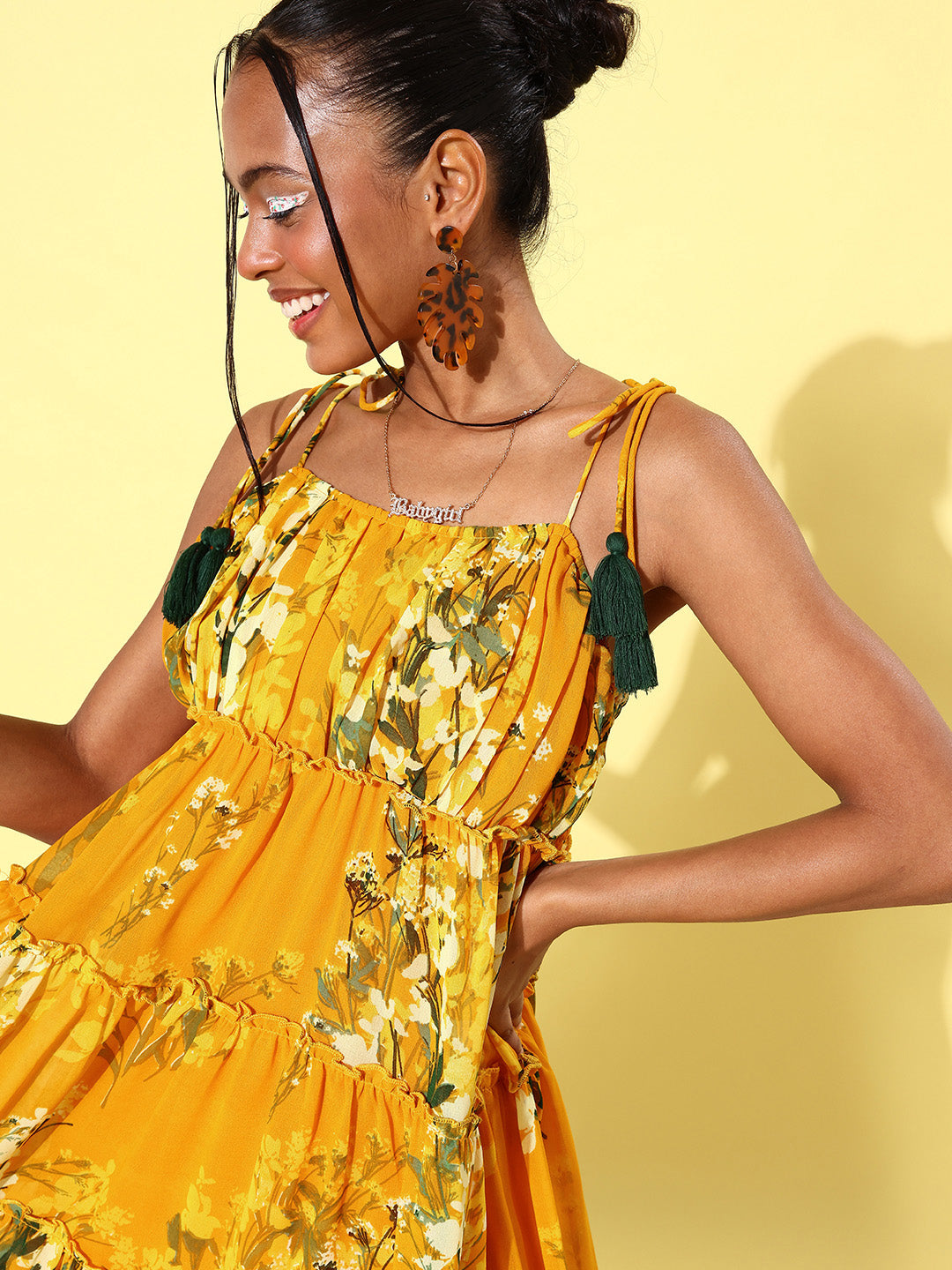 Women's Floral Tier Midi Dress with String Tie Ups- Yellow - StyleStone