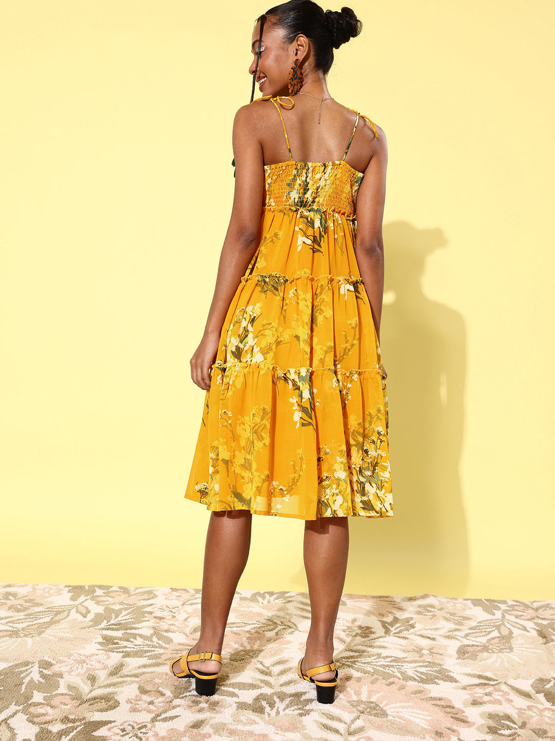 Women's Floral Tier Midi Dress with String Tie Ups- Yellow - StyleStone