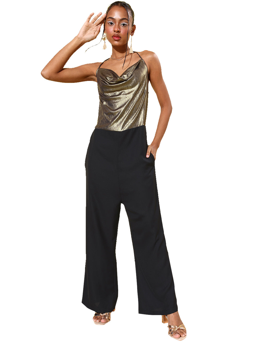 Women's Black & Gold Cowl Neck Jumpsuit - StyleStone