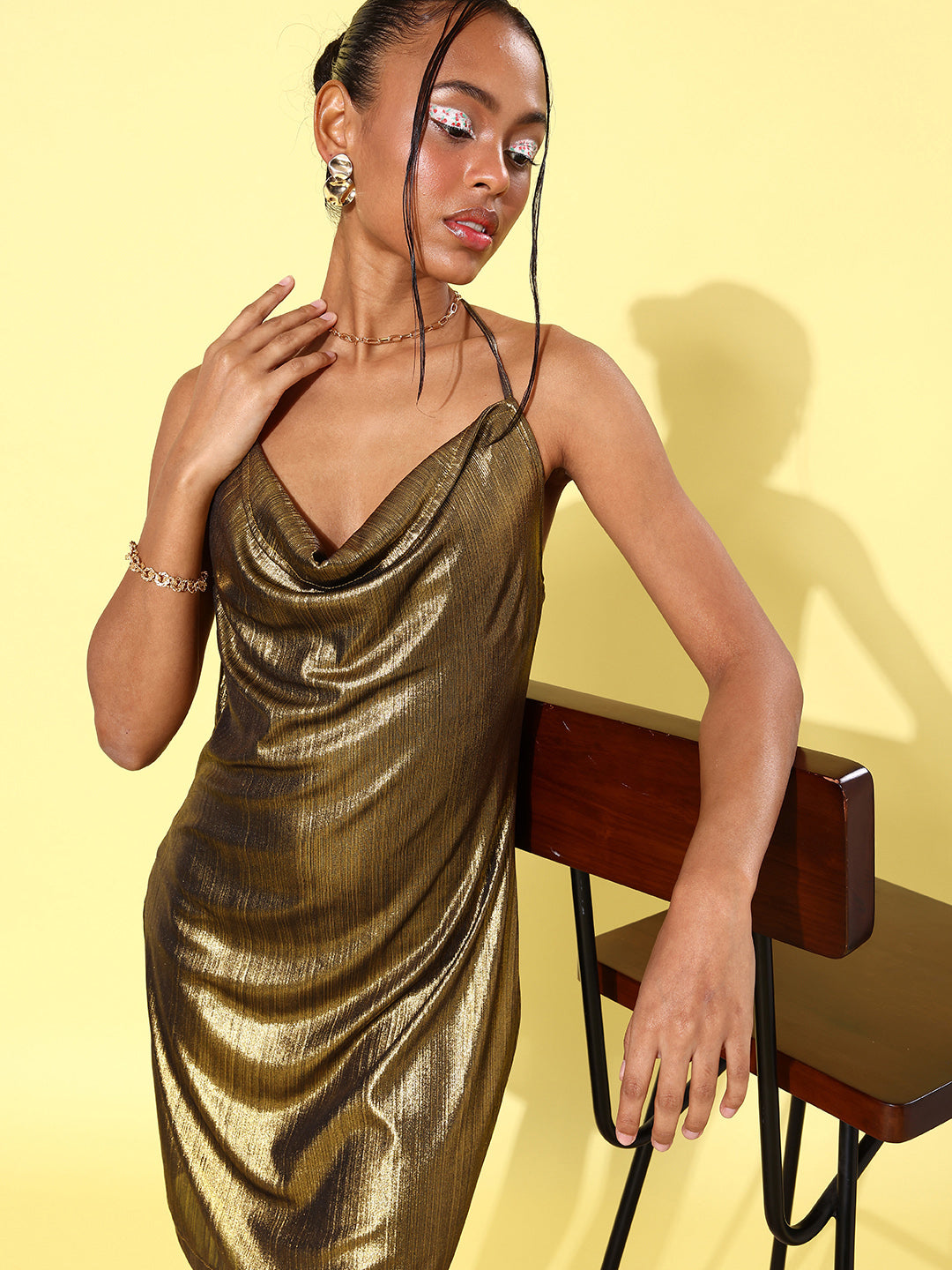 Women's Gold Cowl Neck Cocktail Short Dress - StyleStone