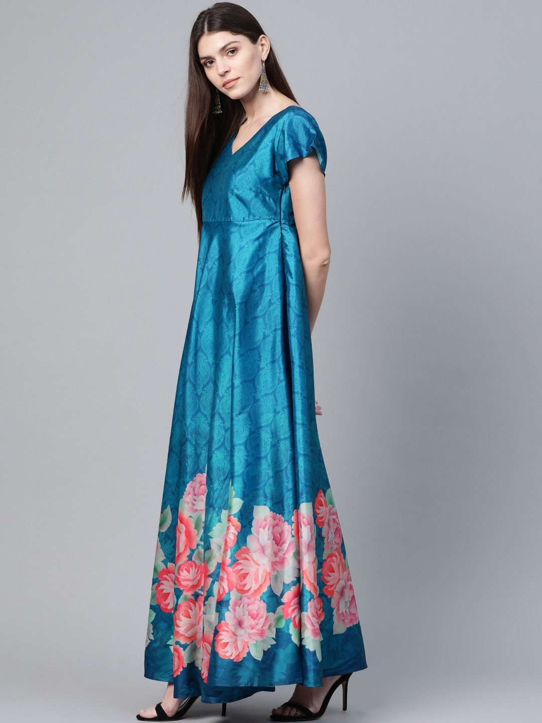 Women's  Blue & Pink Floral Digital Printed Maxi Dress - AKS