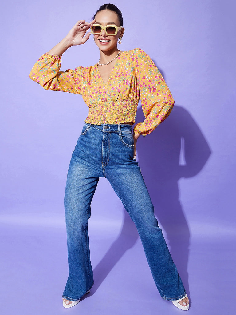 Women's Yellow Floral Top With Smocking Detail