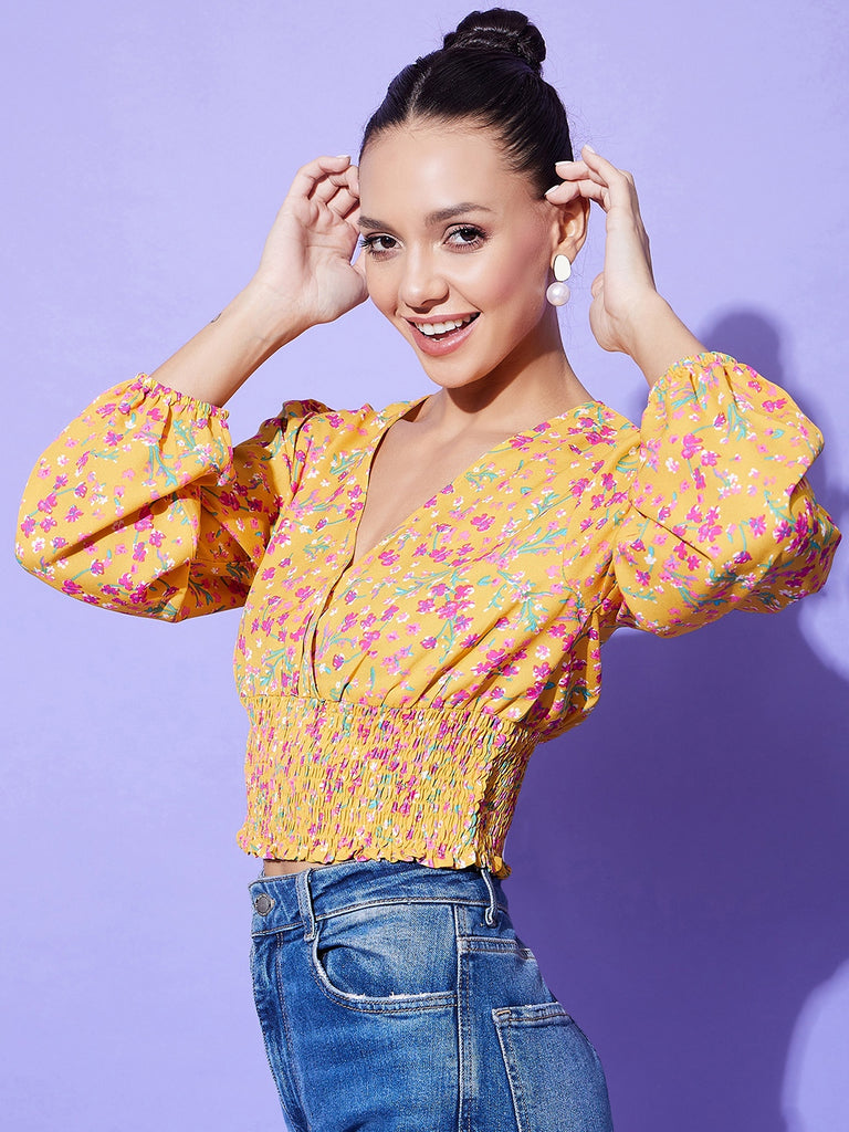 Women's Yellow Floral Top With Smocking Detail