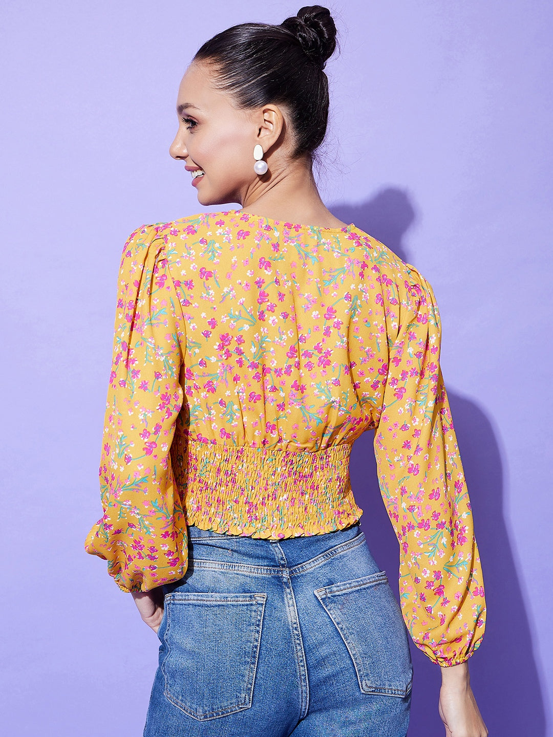 Women's Yellow Floral Top With Smocking Detail - StyleStone