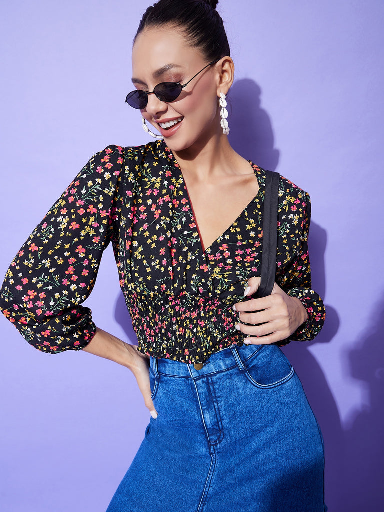 Women's Black Floral Top With Smocking Detail