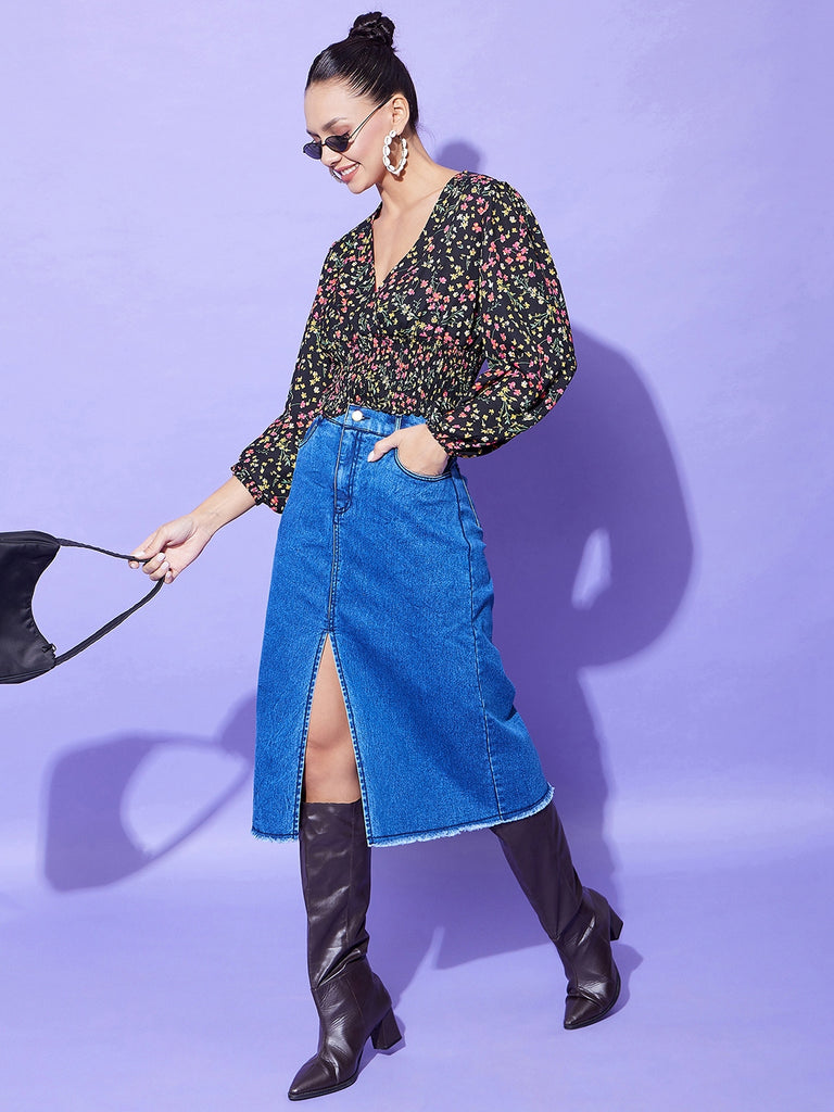 Women's Black Floral Top With Smocking Detail