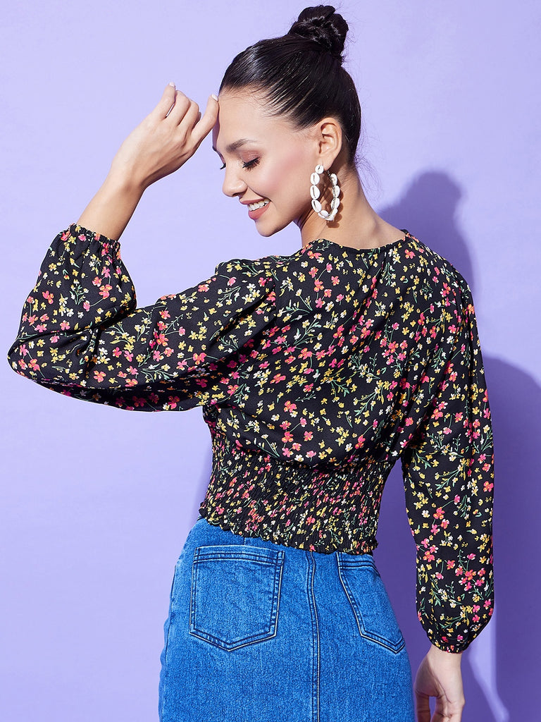Women's Black Floral Top With Smocking Detail