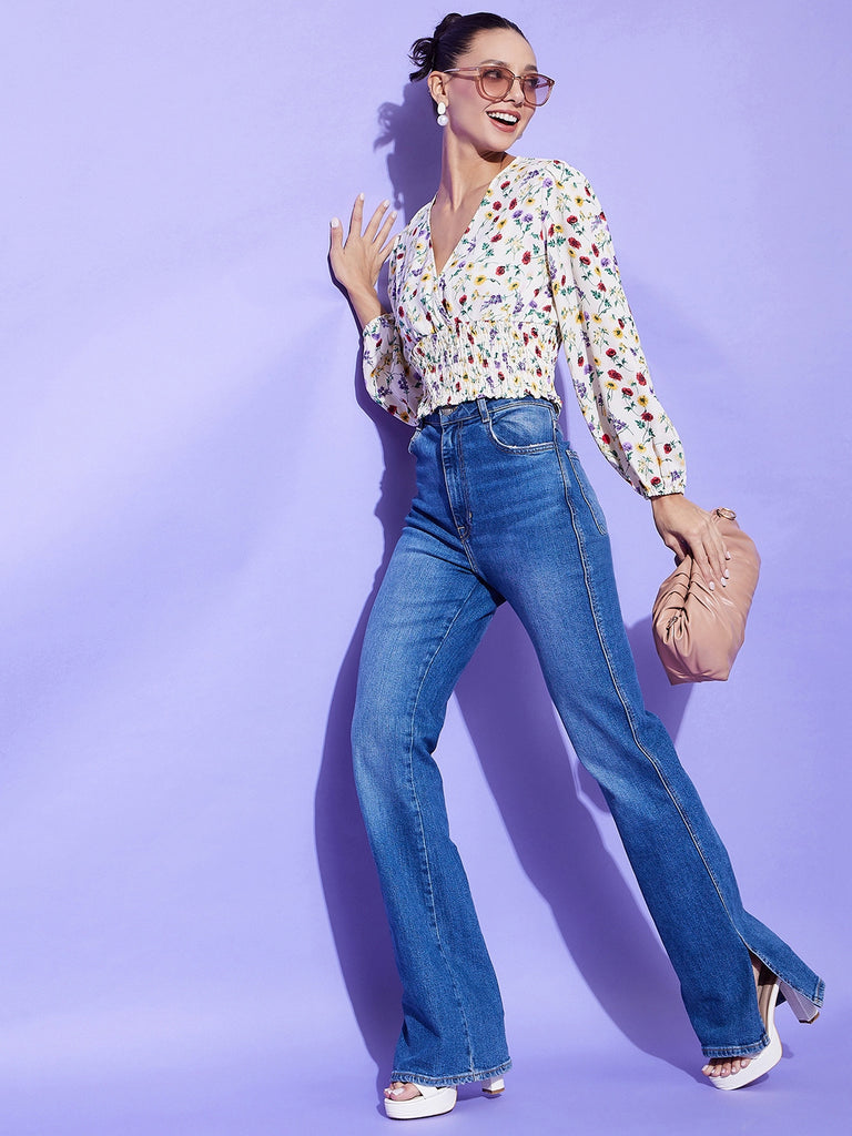 Women's Cream Floral Top With Smocking Detail