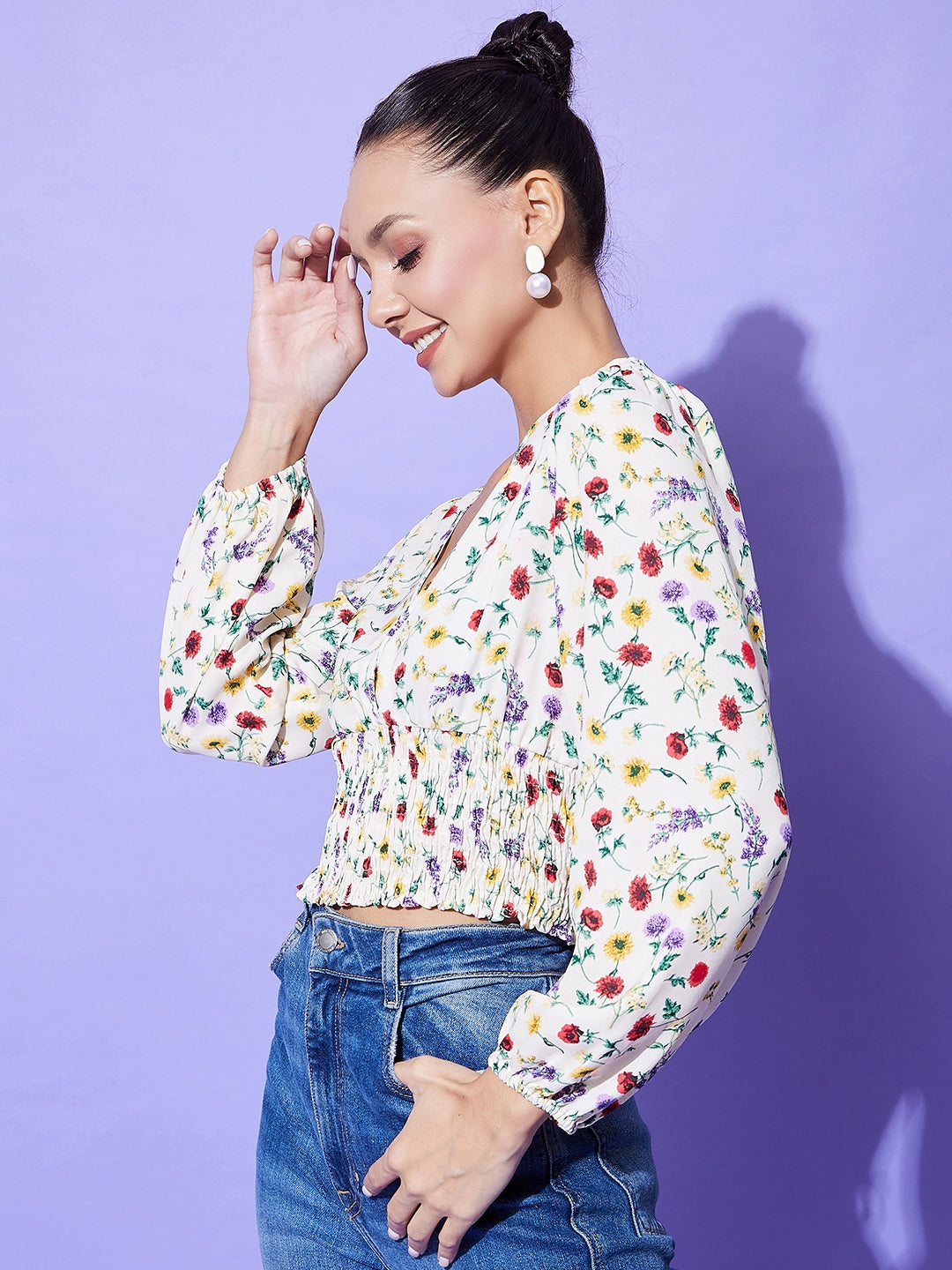 Women's Cream Floral Top With Smocking Detail - StyleStone