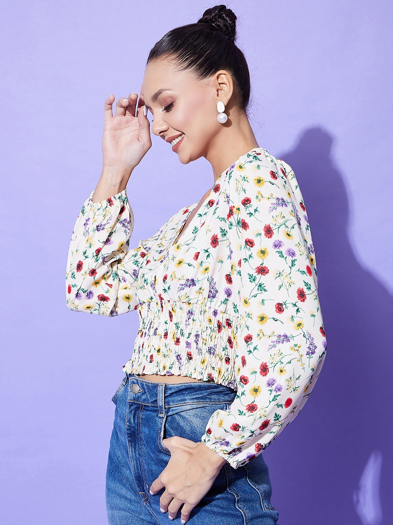 Women's Cream Floral Top With Smocking Detail