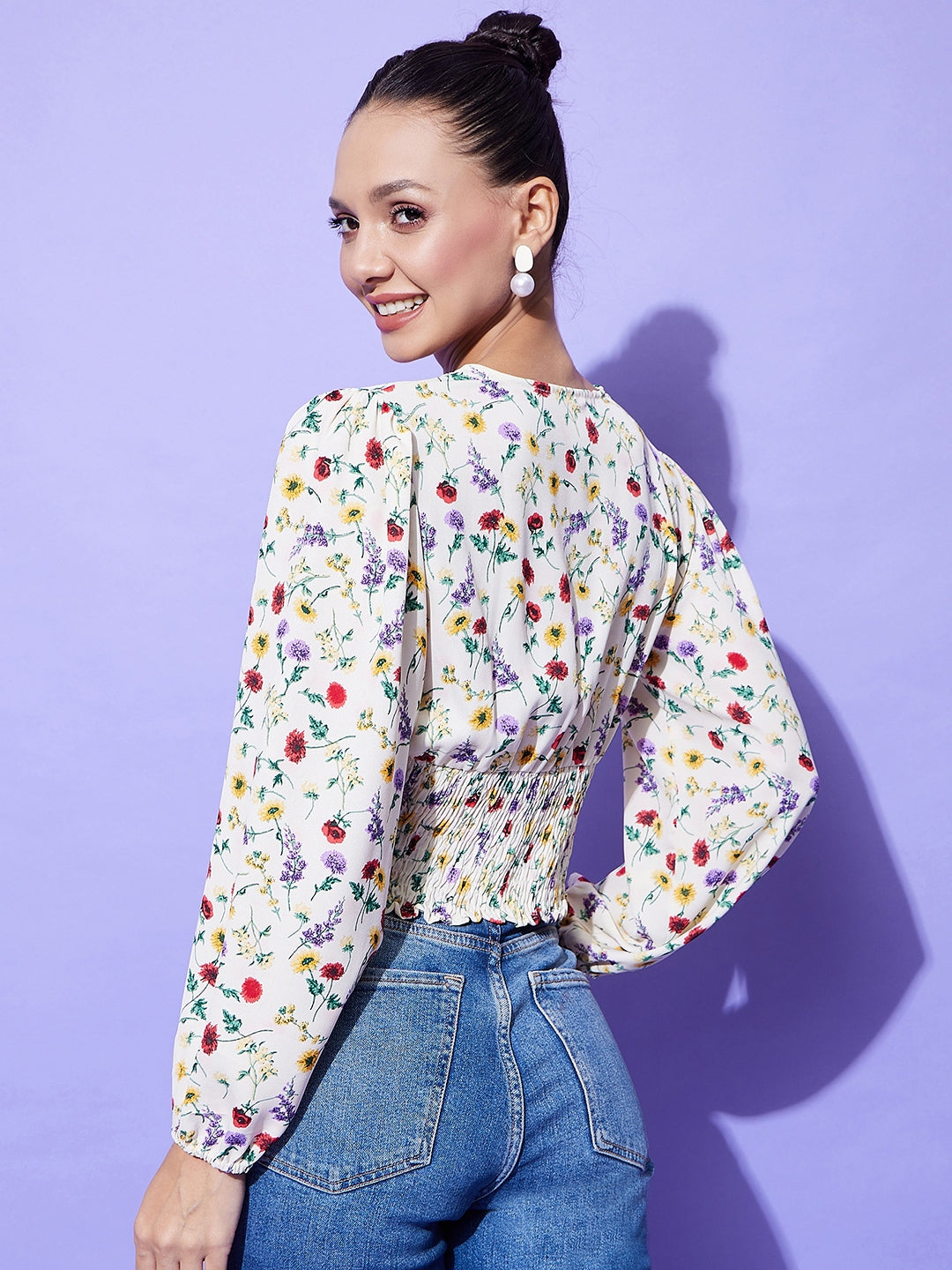 Women's Cream Floral Top With Smocking Detail - StyleStone