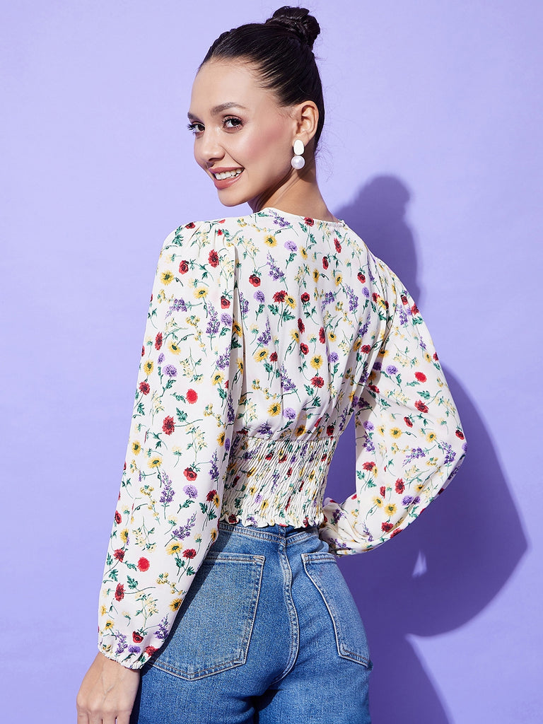 Women's Cream Floral Top With Smocking Detail