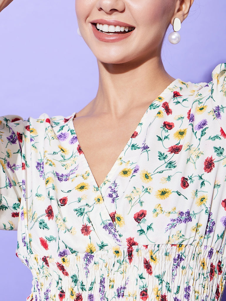 Women's Cream Floral Top With Smocking Detail