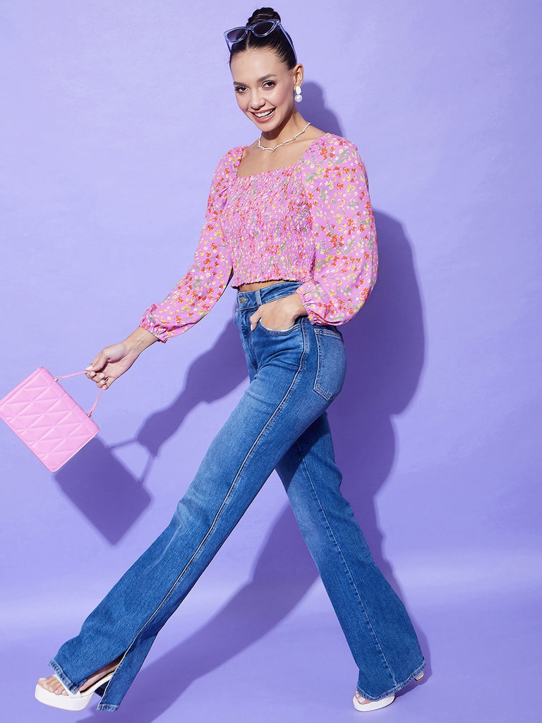 Women's Lavender Floral Top With Smocking Detail