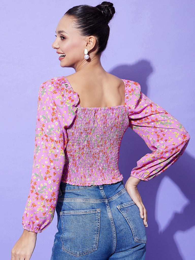 Women's Lavender Floral Top With Smocking Detail