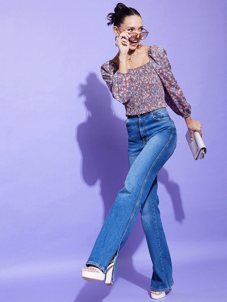 Women's Grey Floral Top With Smocking Detail