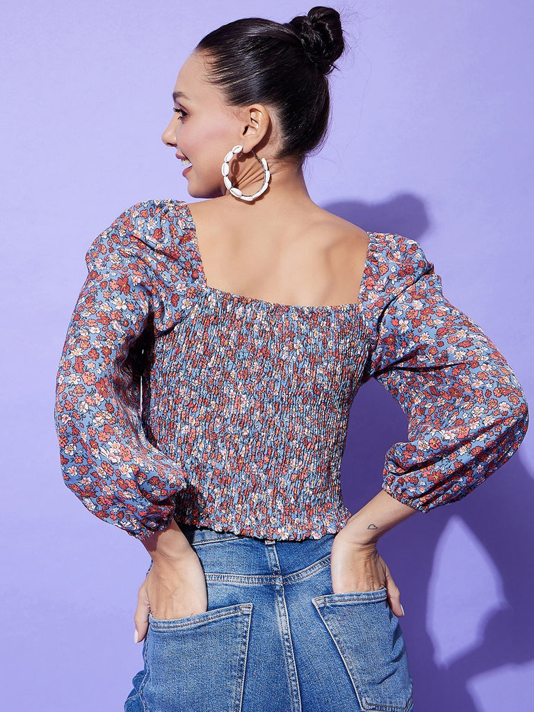 Women's Grey Floral Top With Smocking Detail