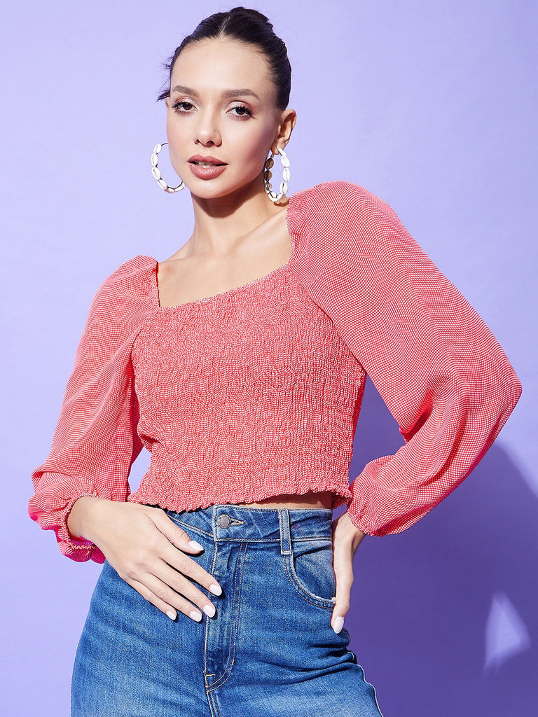 Women's Red Floral Top With Smocking Detail