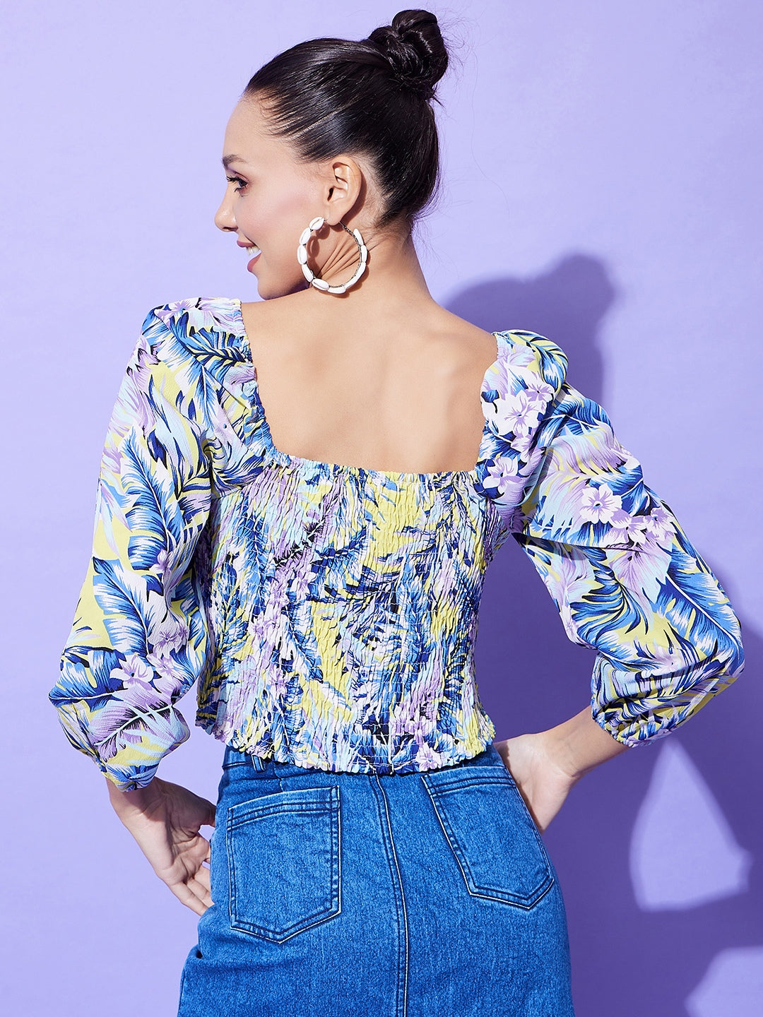 Women's Blue Floral Top With Smocking Detail - StyleStone