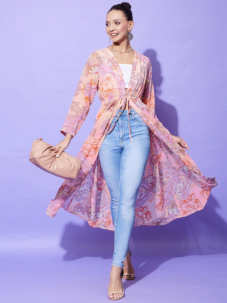 Women's Peach Floral Long Shrug