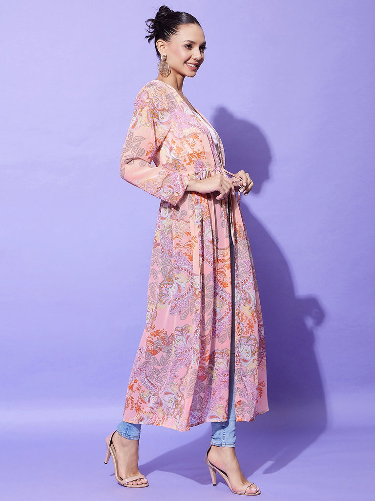 Women's Peach Floral Long Shrug