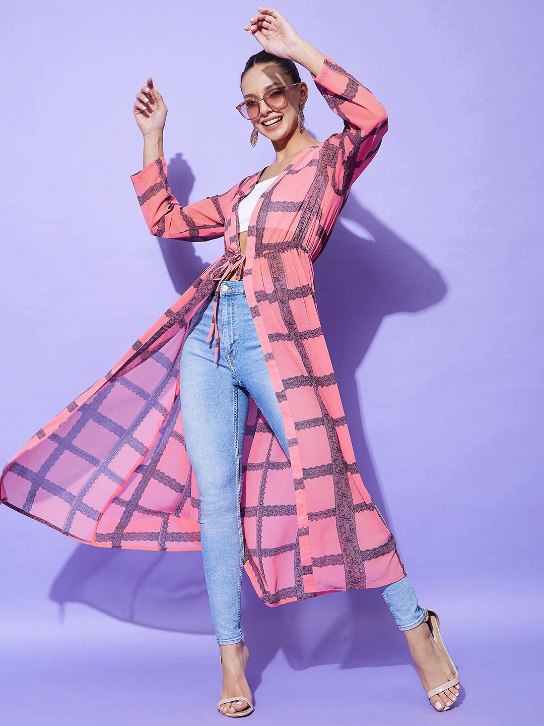 Women's Pink Check Long Shrug