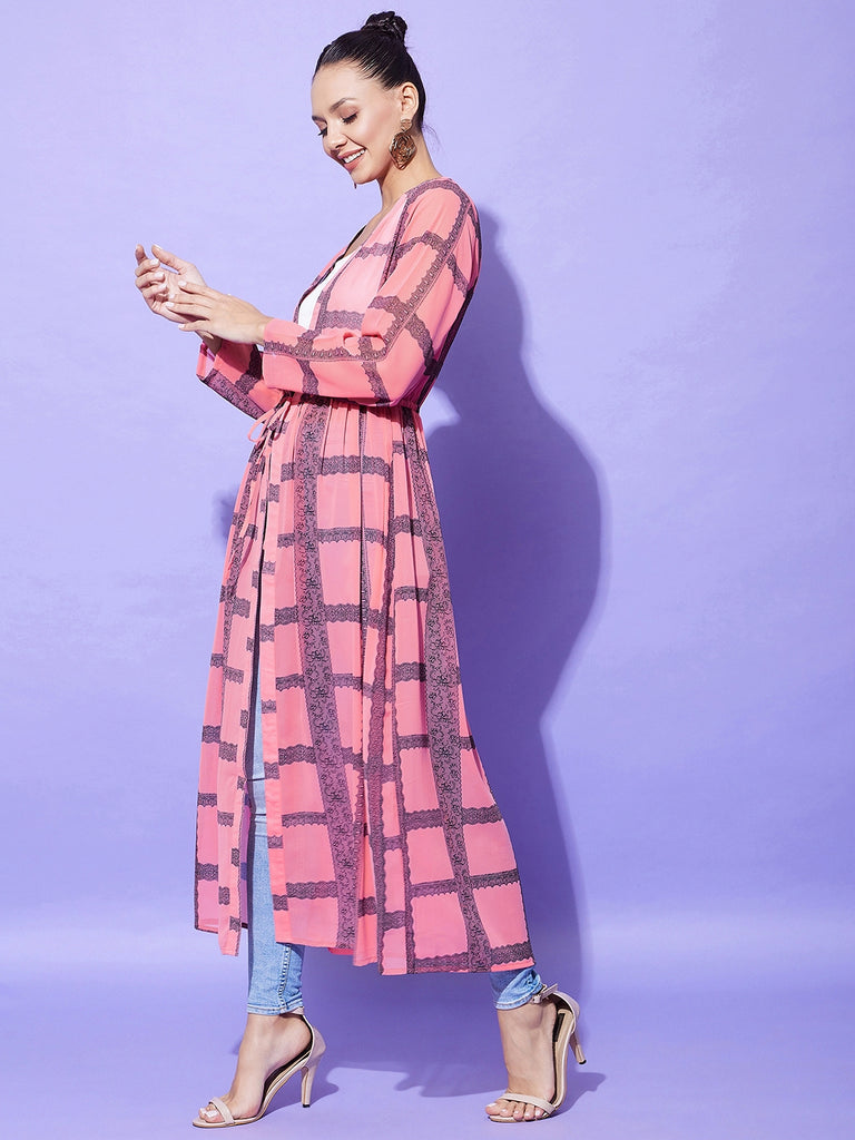 Women's Pink Check Long Shrug