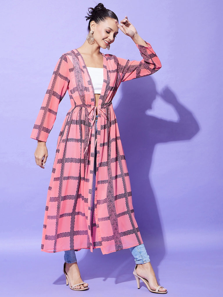 Women's Pink Check Long Shrug
